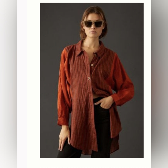 Anthropologie Gauze Dark Orange Collared Button Down Shirt Tunic - Picture 3 of 3